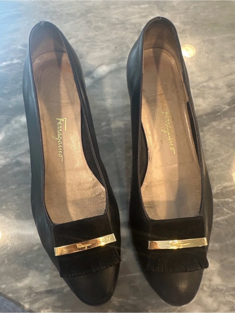 Salvatore Ferragamo Black Leather Fringe Loafers with Gold Bar